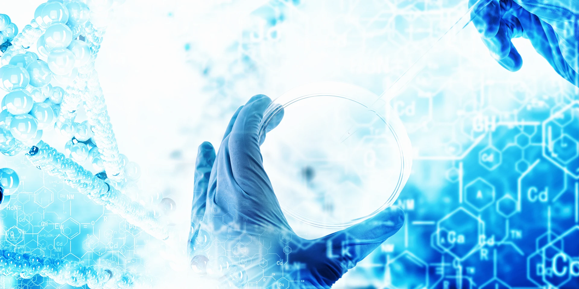 Gloved hands holding a petri dish beneath a laboratory pipette, with molecular imagery